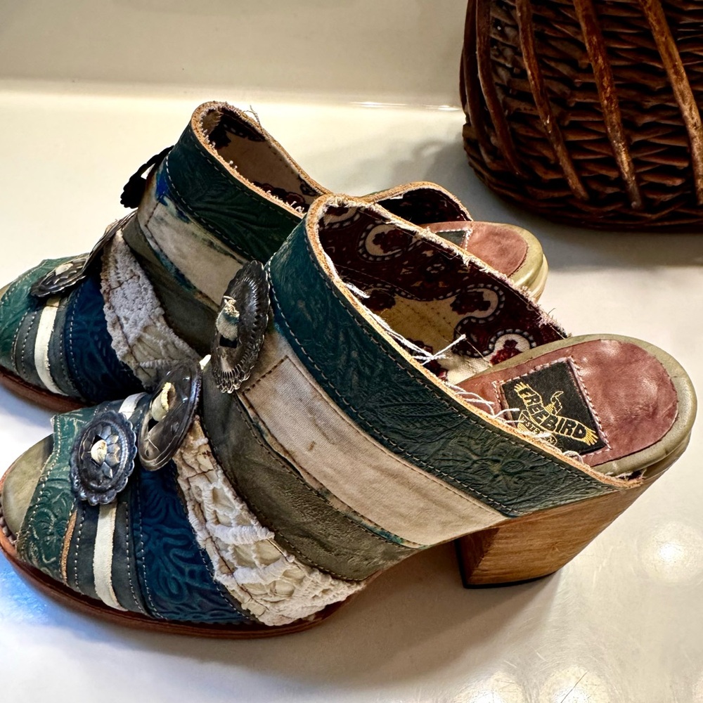 freebird Teal and Olive Embossed Leather Boho Open-Toe Mules - Picture 9 of 9